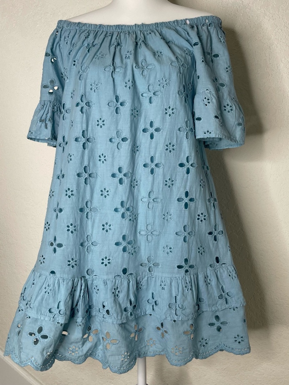 Italian Cotton Eyelet OS Fits (S-M) Mini Dress Blue Off Shoulder Ruffle Hem Boho